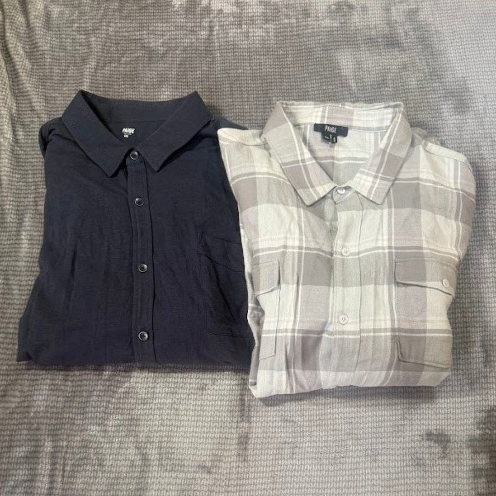 Paige Mens Button Down Shirt Bundle XXL Navy Blue Solid Grey White Plaid 2 Pack